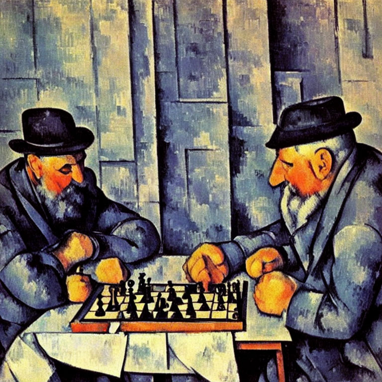 Bearded individuals playing chess in bold cubist style