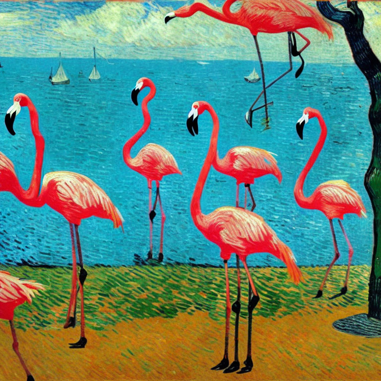 Colorful artwork: Pink flamingos, sailboats, grassy shore, blue sea, vivid sky