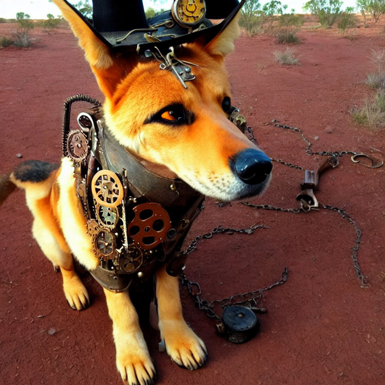 Steampunk-style dog costume with top hat and chain leash