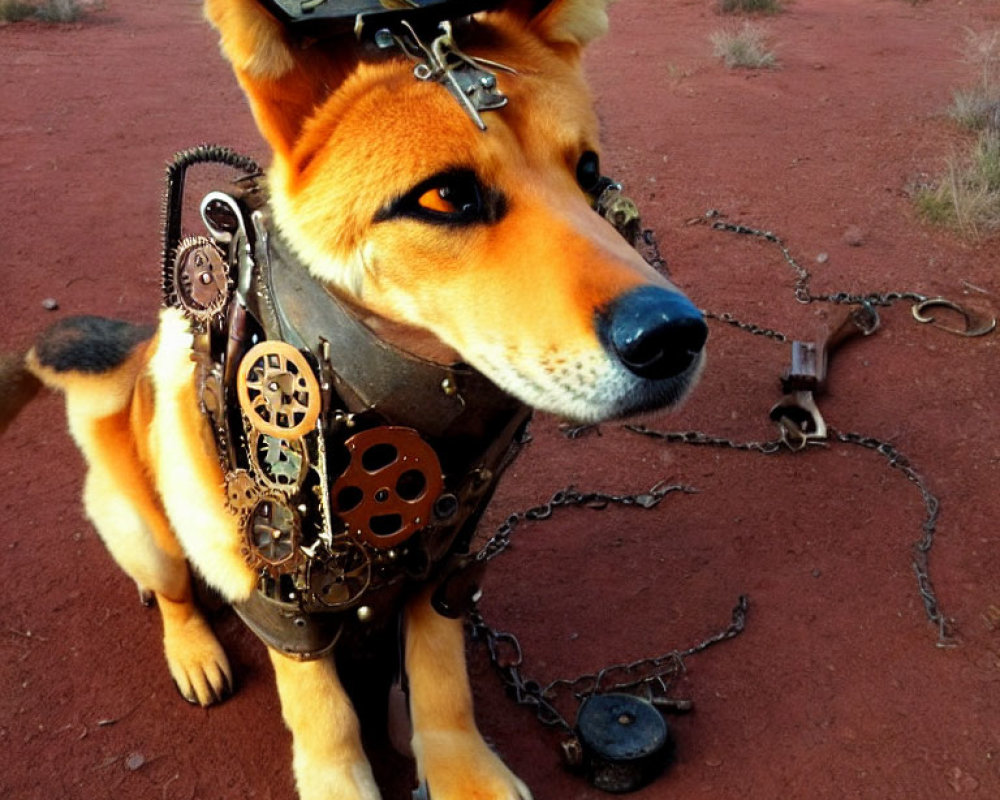 Steampunk-style dog costume with top hat and chain leash