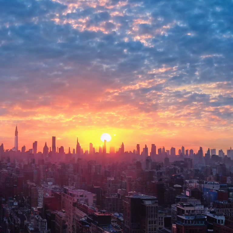 Colorful sunset over city skyline with silhouetted skyscrapers and patterned clouds