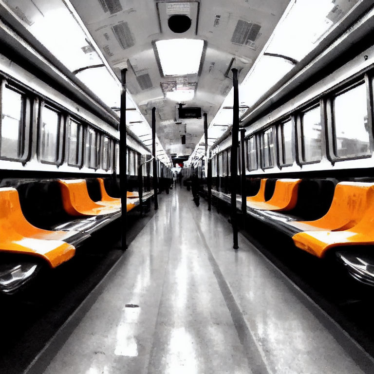 Subway Car Interior: Orange Seats, Metal Poles, Desaturated Colors