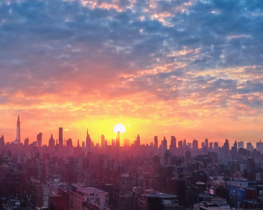 Colorful sunset over city skyline with silhouetted skyscrapers and patterned clouds