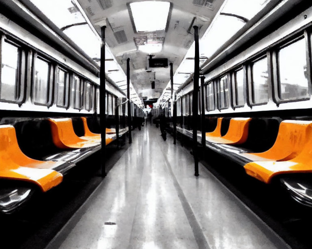 Subway Car Interior: Orange Seats, Metal Poles, Desaturated Colors