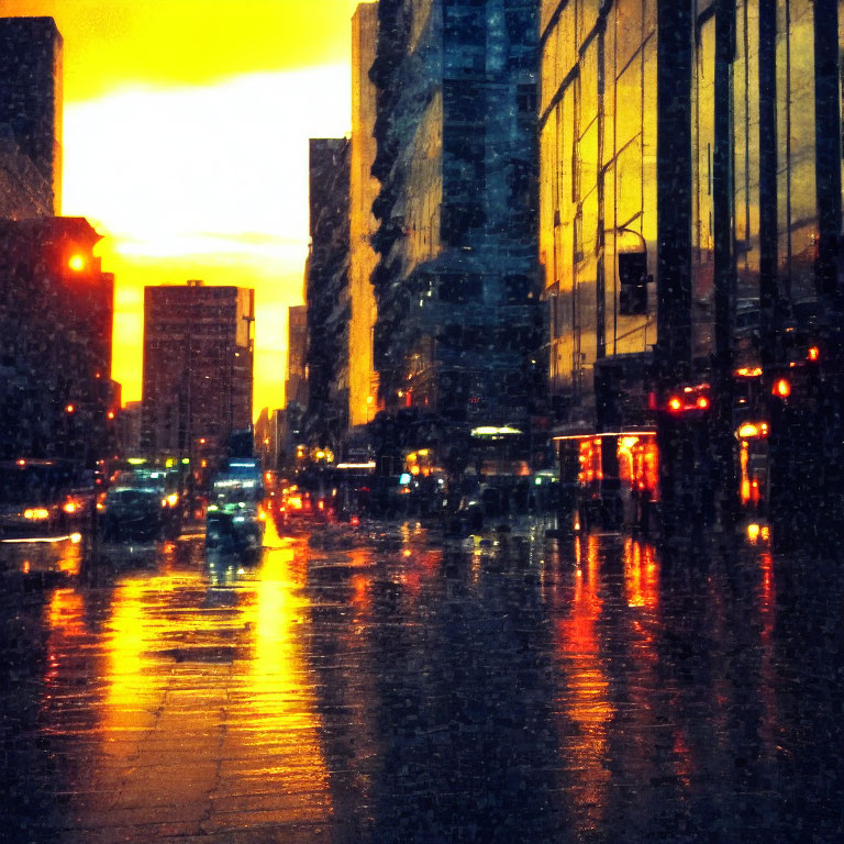 Urban street scene at dusk with wet pavements, reflecting golden sun hues, high-rise buildings, and