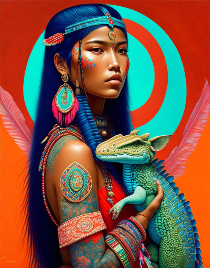 Stylized portrait of woman with blue hair, tribal jewelry, tattoos, holding fantasy lizard