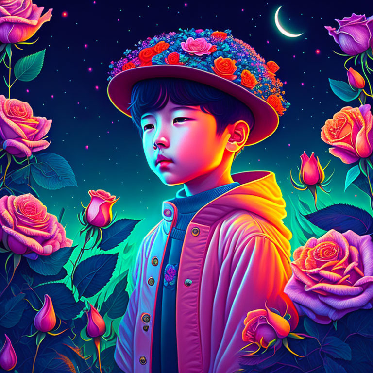 Child with floral hat surrounded by roses under starry night sky with crescent moon.