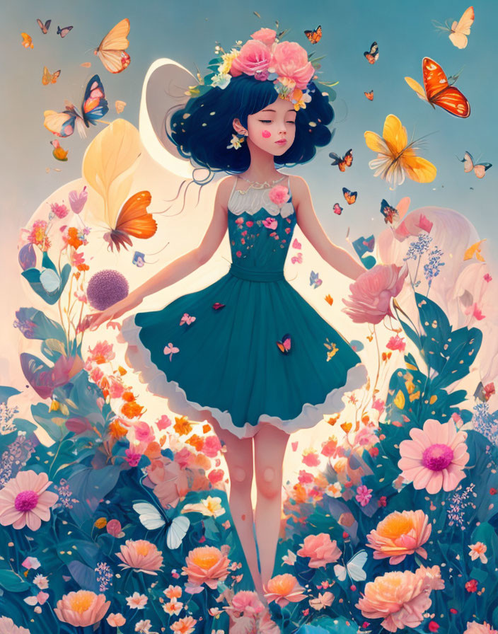 Illustration of girl in green dress in vibrant flower field with butterflies under soft sky