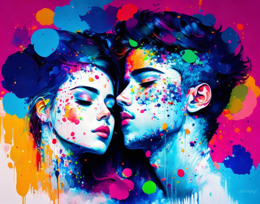 Colorful Abstract Painting of Couple Embracing