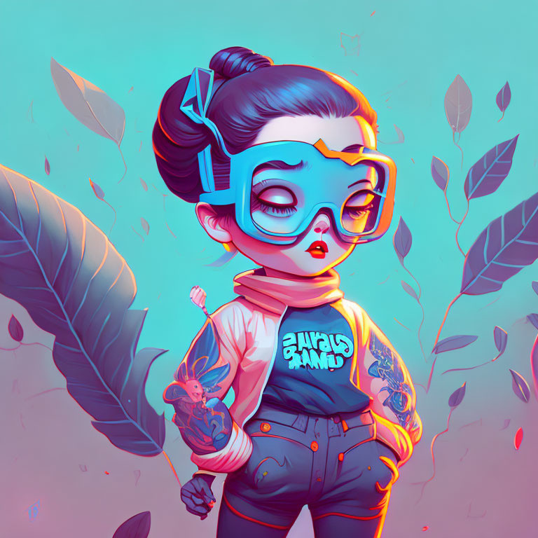 Stylized illustration of girl with blue goggles and 'GAME OVER' patch