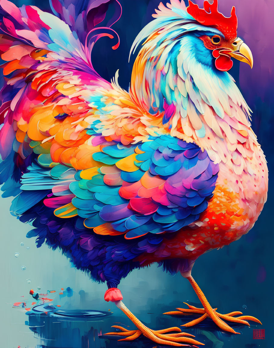 Colorful Rooster Illustration with Elaborate Features