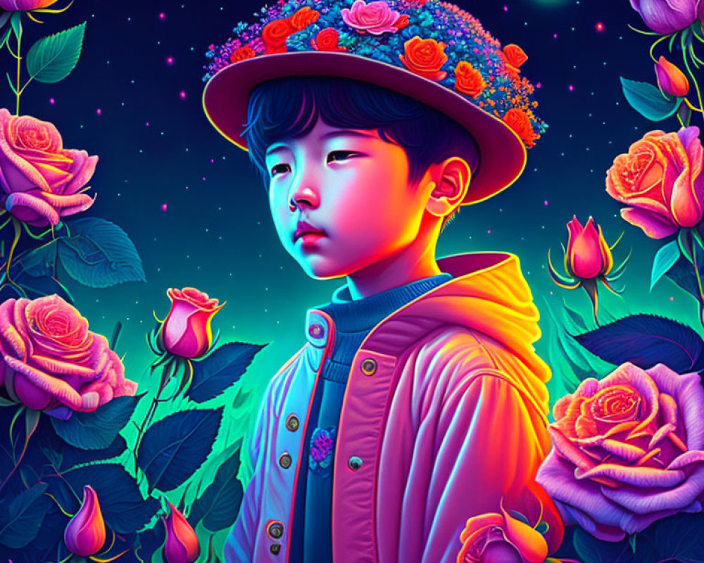 Child with floral hat surrounded by roses under starry night sky with crescent moon.