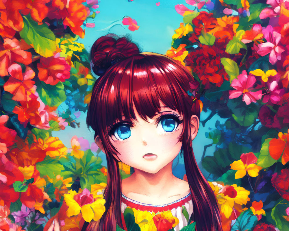 Anime-style illustration of girl with blue eyes and red hair in bun, surrounded by colorful flowers