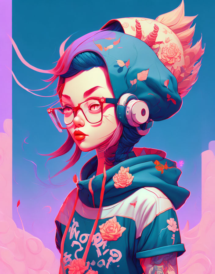 Stylized girl in blue hoodie with glasses and headphones in pink cloud scene