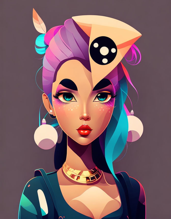 Colorful woman illustration with eye headpiece and futuristic style.