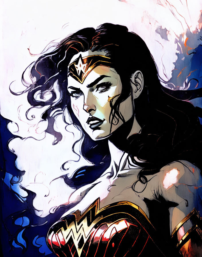 Detailed Wonder Woman Illustration with Iconic Tiara and Costume