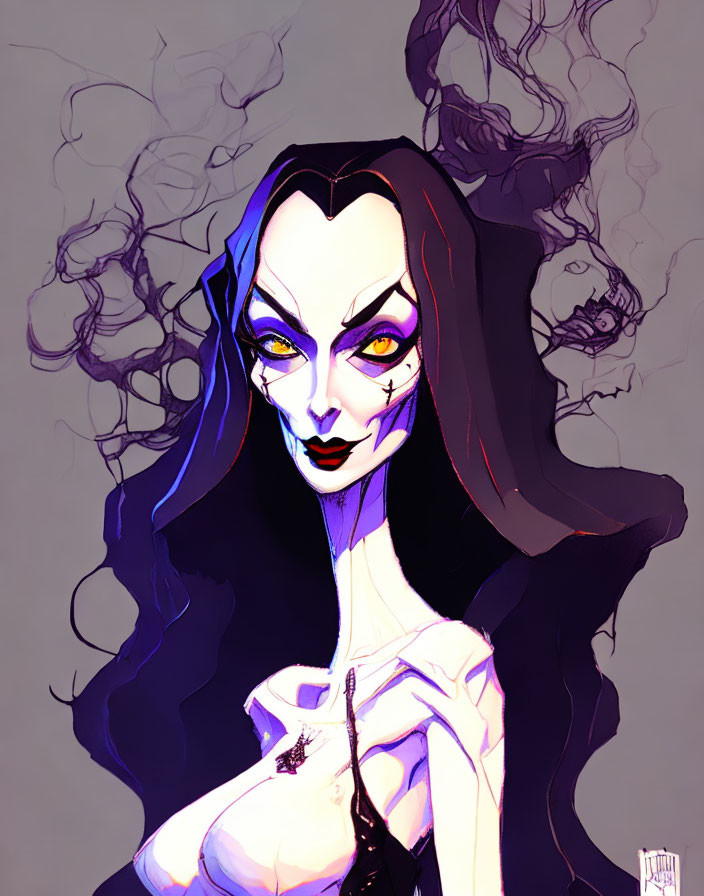 Illustration of vampiric woman with long hair, yellow eyes, seductive gaze, striking makeup