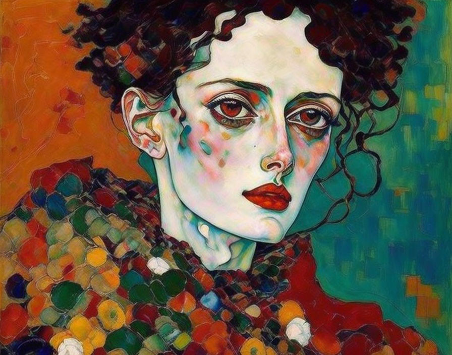 Vibrant portrait of a woman with curly hair and intense gaze in bold colors