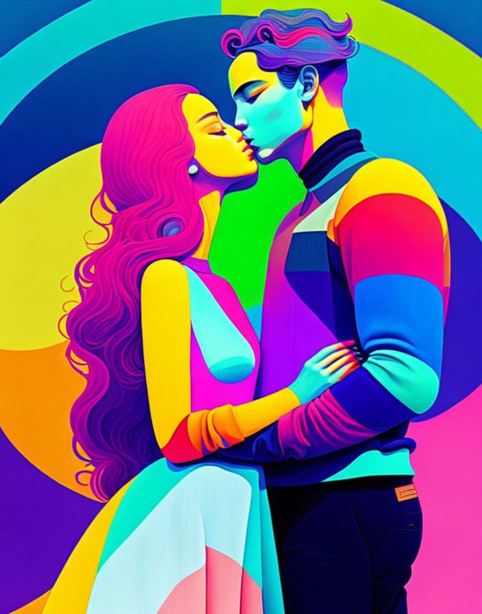 Colorful illustration of romantic couple with rainbow swirl background