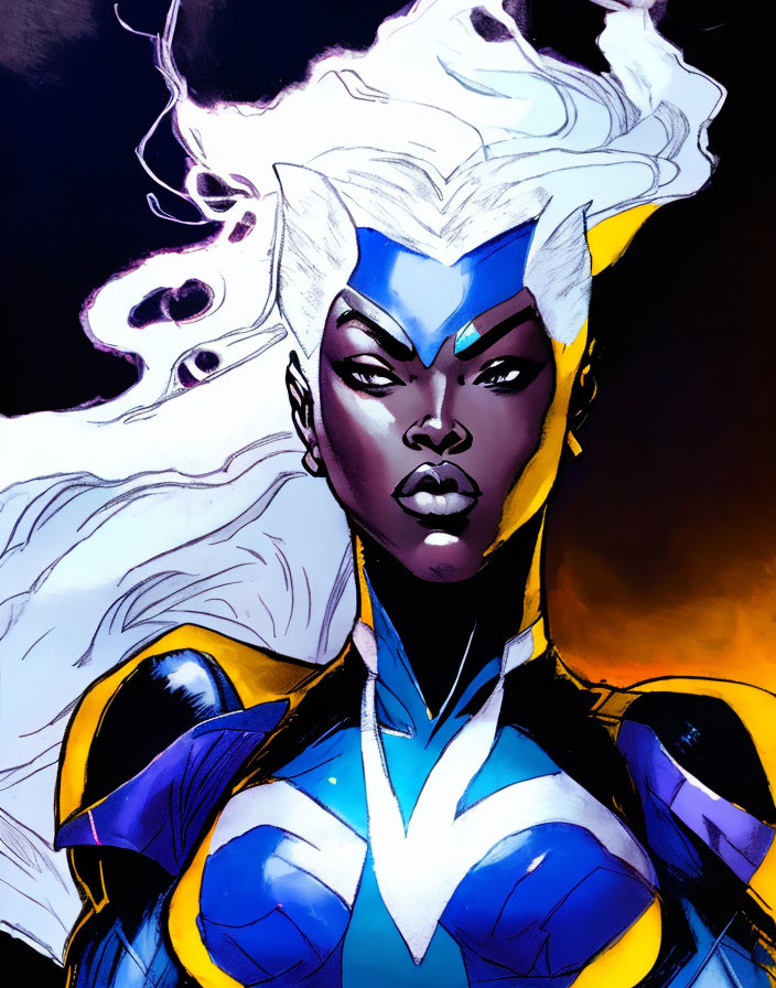 Female superhero with white hair, blue eyes, blue & yellow costume