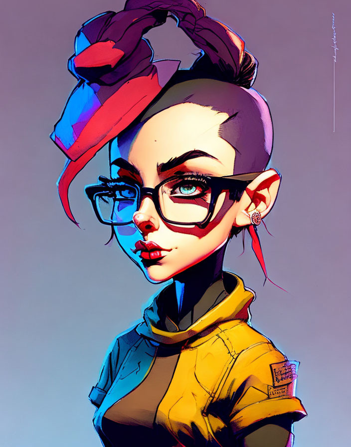 Fashionable woman with shaved side haircut, large glasses, vibrant headscarf, yellow jacket illustration