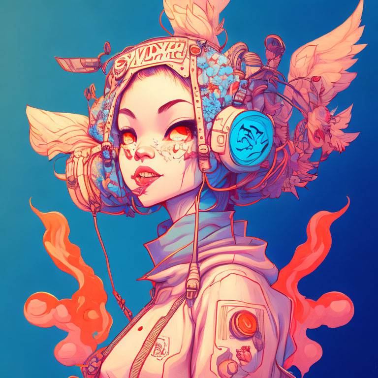 Illustrated female character in futuristic attire with headphones and winged accessories on vibrant blue and orange background.