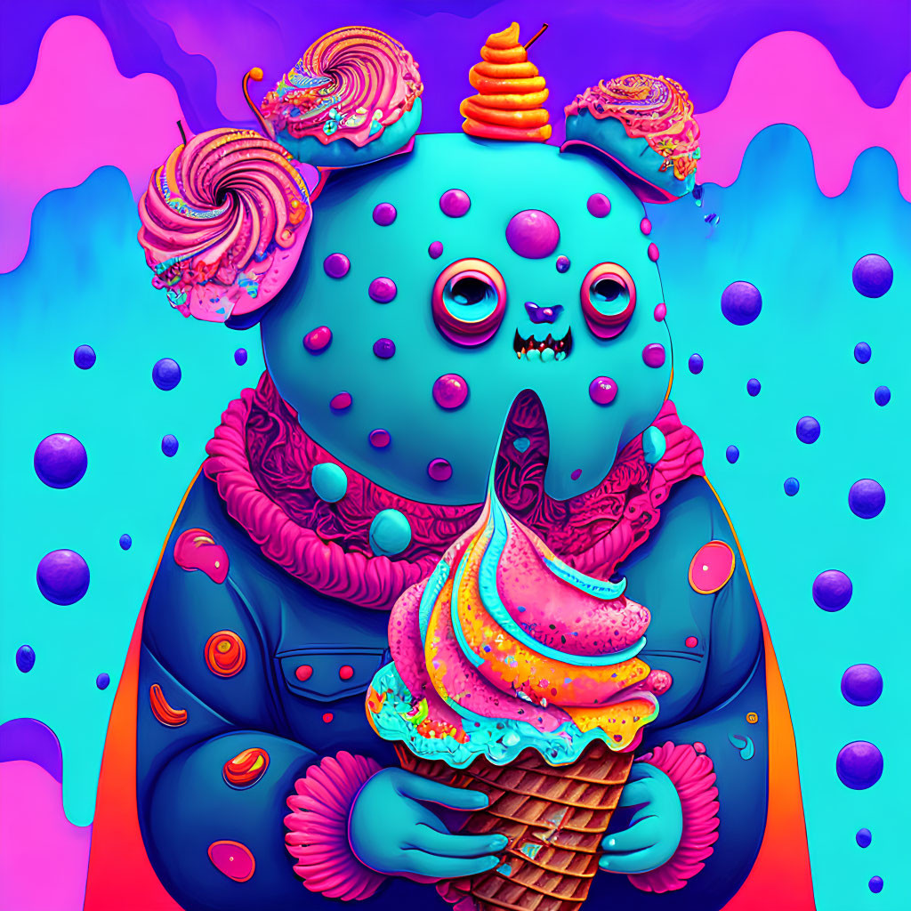 Whimsical blue creature with ice cream cone on vibrant background