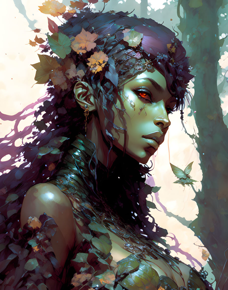 Green-skinned mystical female figure merges with forest background