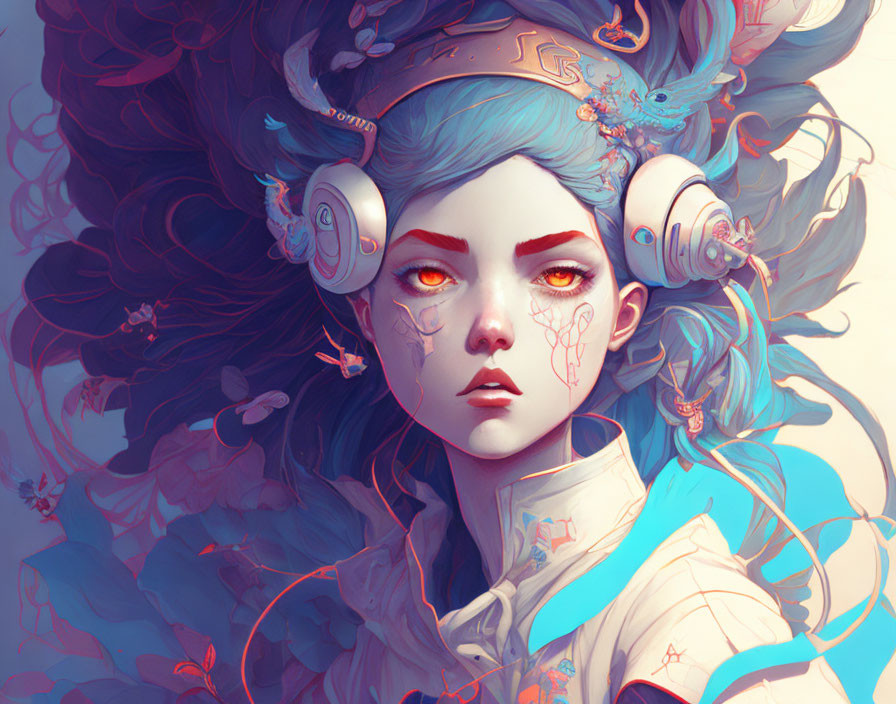 Illustrated female character with red eyes, ornate headphones, flowing hair, and ethereal creatures in