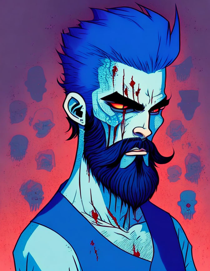 Illustration of bearded man with blue hair and red claw marks on purple background with skulls.