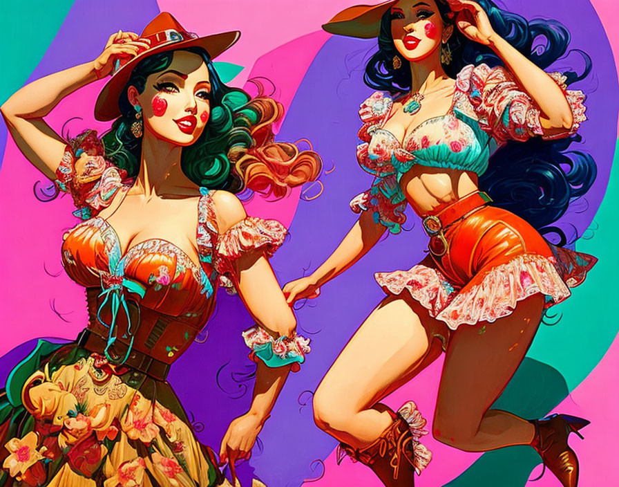 Vibrant cowboy-inspired animated characters in flamboyant attire pose confidently.