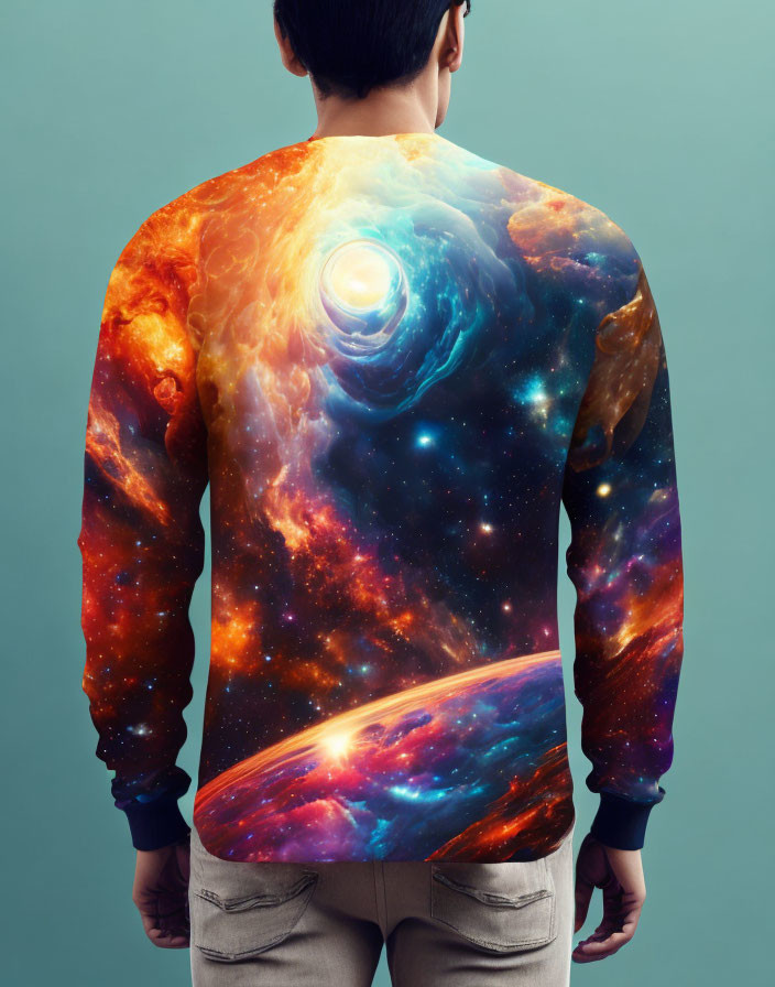 Person in Galaxy-Themed Sweatshirt on Teal Background