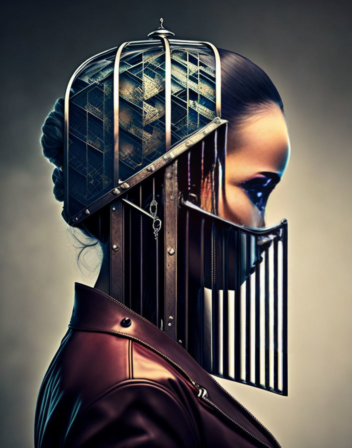 Surreal portrait of woman with birdcage head symbolizing confinement