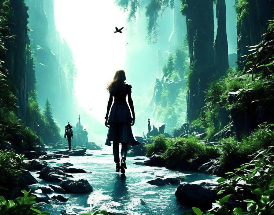 Woman standing at forest stream's edge with silhouetted figures and lush greenery.