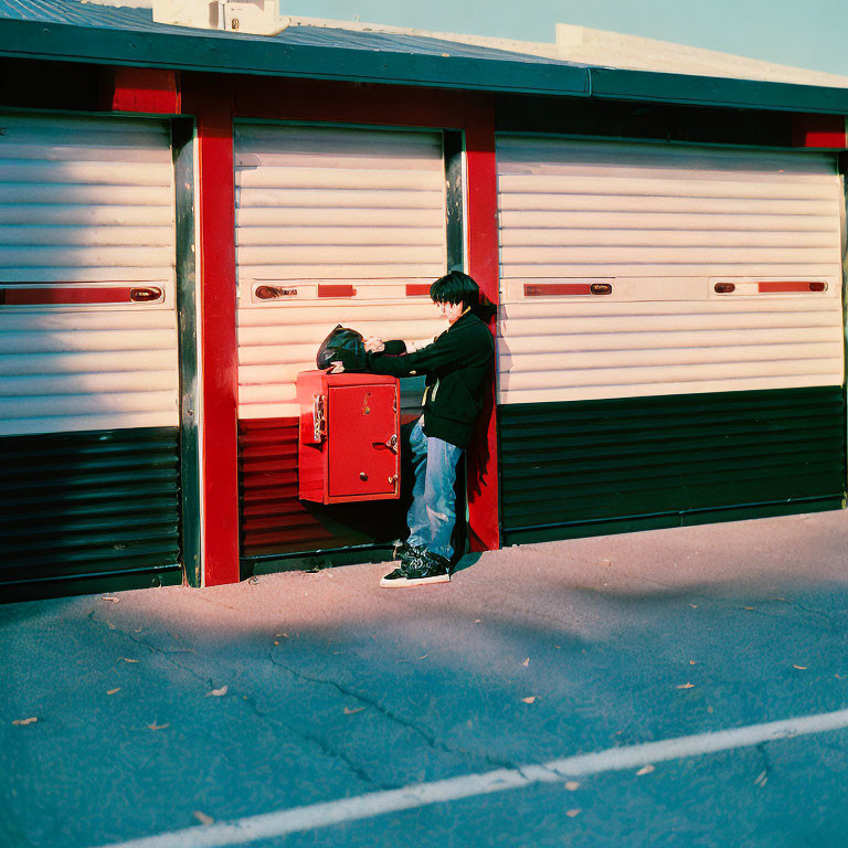 Person in dark jacket and jeans mailing letter at red postbox by closed shop shutters