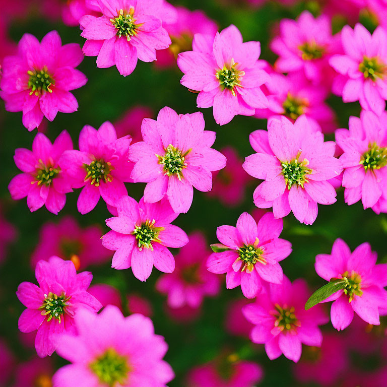 Bright Pink Flowers with Yellow Centers on Green Background