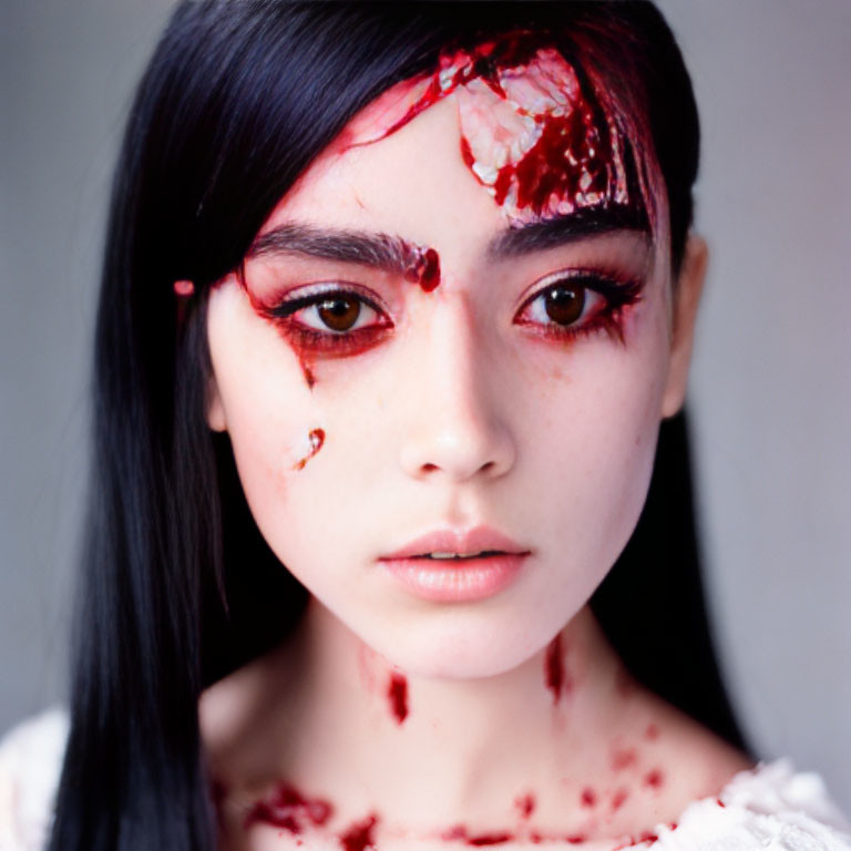 Woman with Black Hair and Dramatic Makeup Featuring Simulated Injuries and Blood Effects