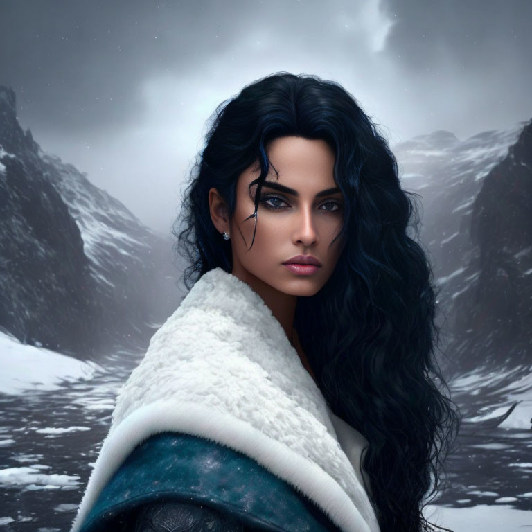 Portrait of woman with blue eyes, black hair, fur cloak, snowy mountain backdrop