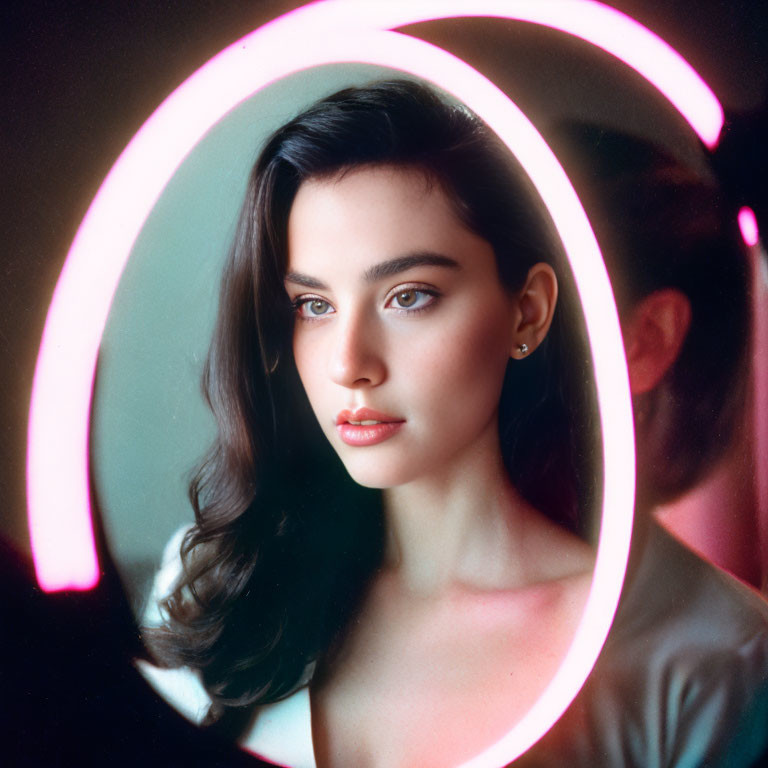 Dark-Haired Woman Under Pink Neon Circle Glow