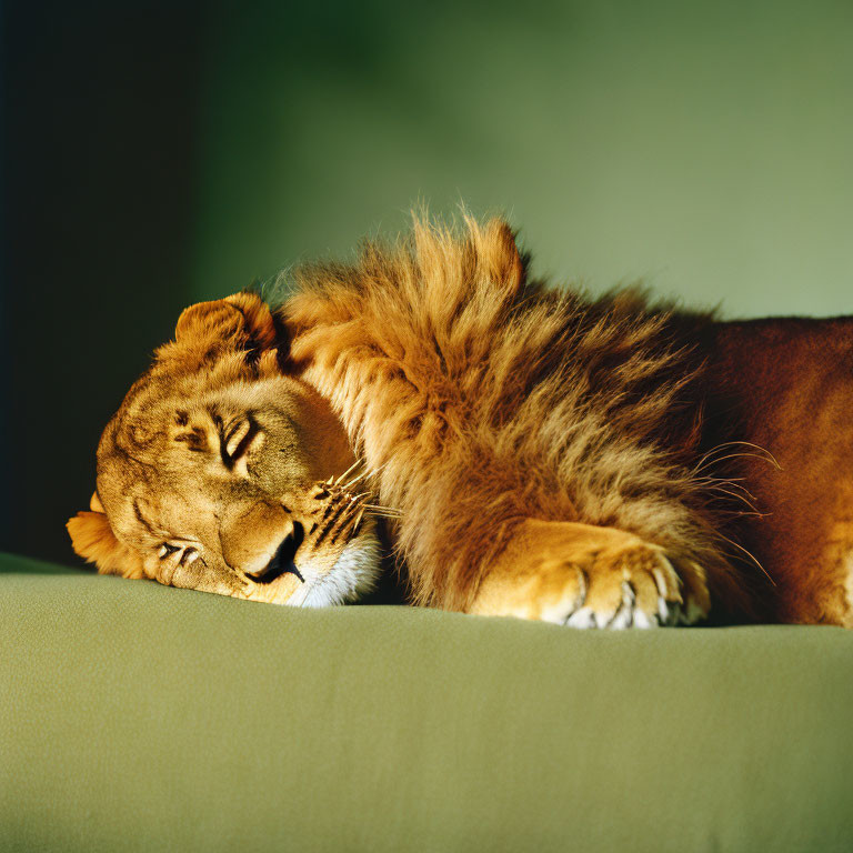 Relaxed lion resting with closed eyes on green background