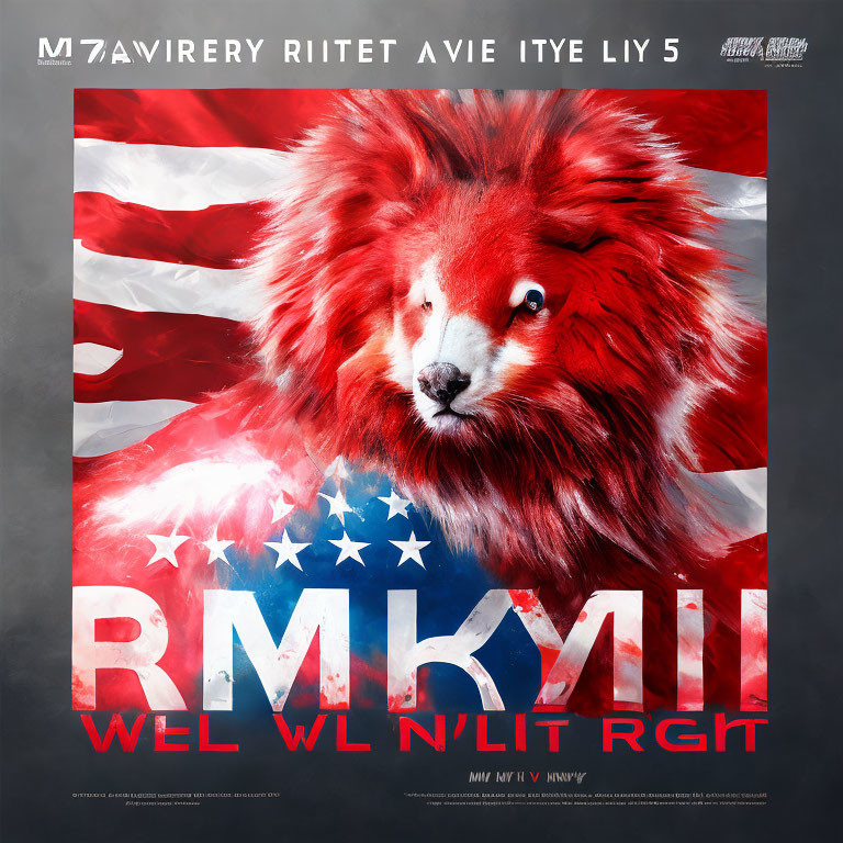 Stylized graphic of red and white dog on American flag with distorted text