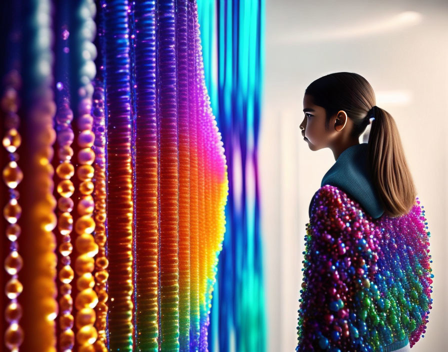 Profile of Woman with Sleek Hair Against Colorful Bead Curtains