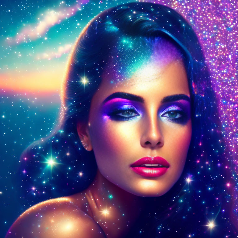 Woman's face blended with cosmic starry sky in vibrant colors