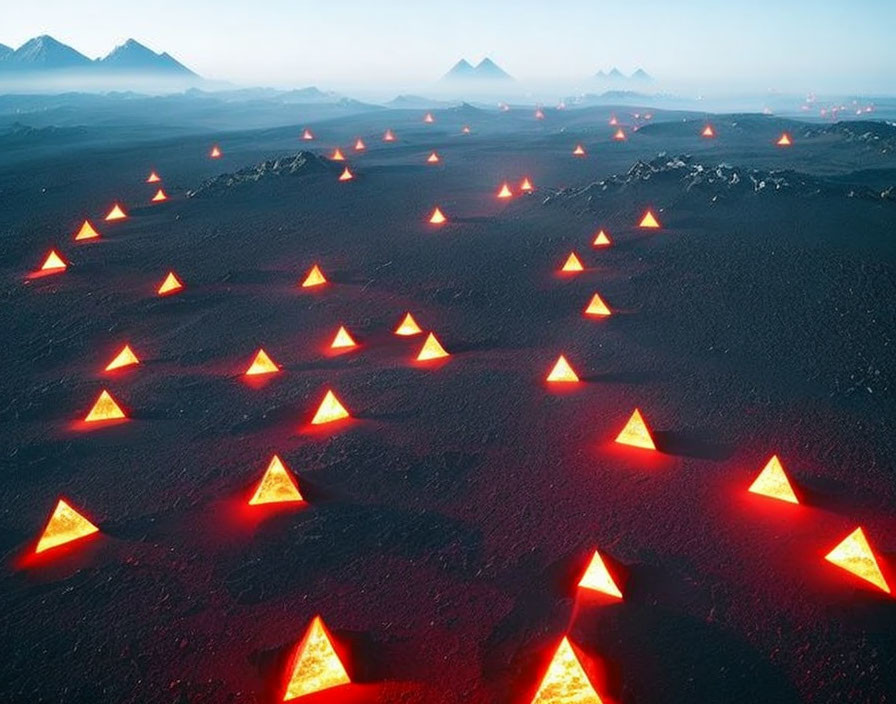 Surreal landscape with glowing red triangles on volcanic terrain