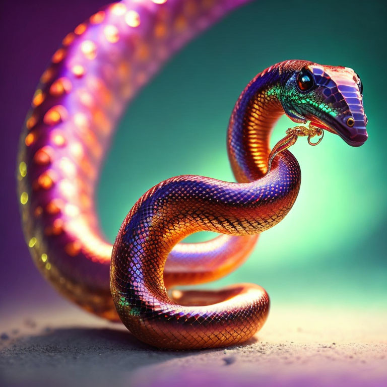 Colorful Iridescent Snake Coiled on Purple and Green Background