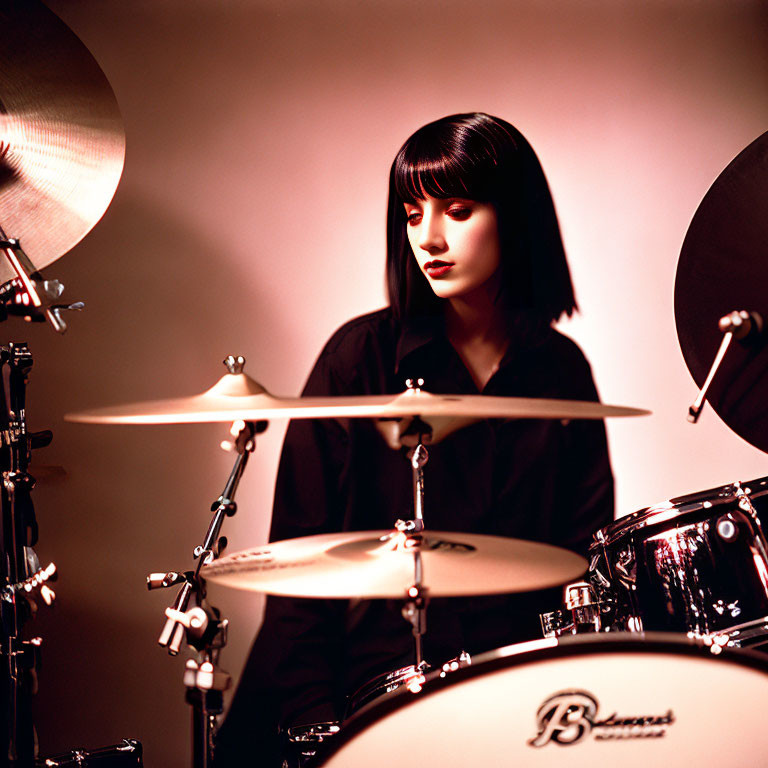 Bob-Haired Woman Contemplating at Drum Set in Studio Setting