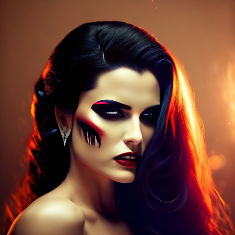 Dark-haired woman with dramatic makeup on fiery background.