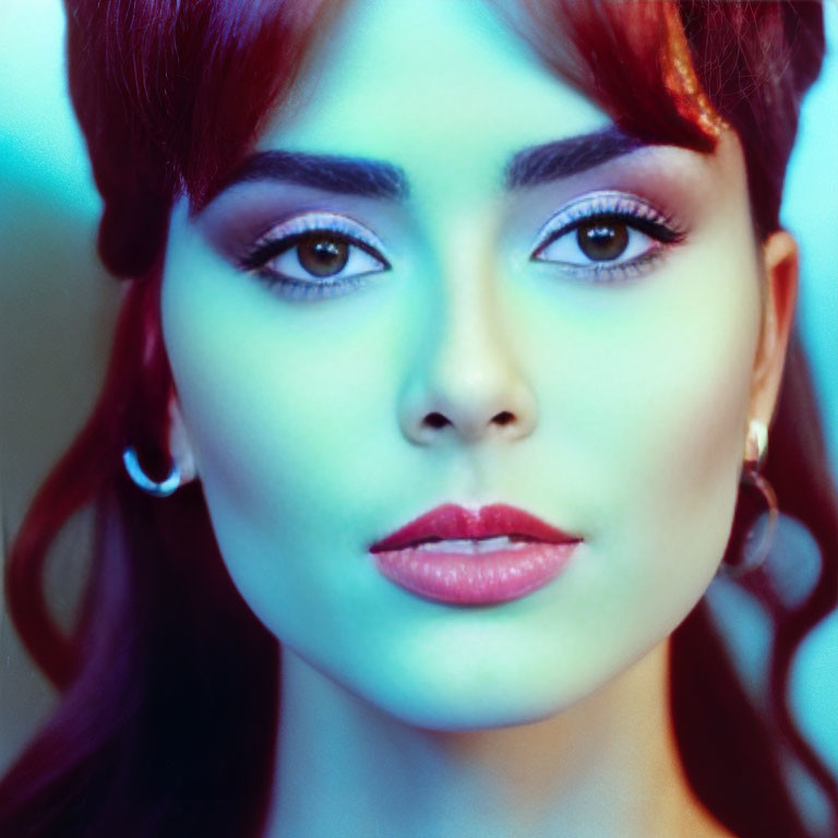 Detailed Portrait of Woman with Red Hair and Dramatic Makeup