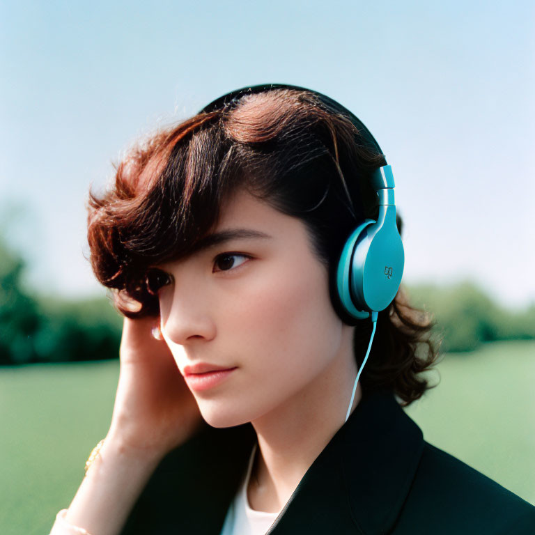 Person in Blue Headphones in Calm Outdoor Setting