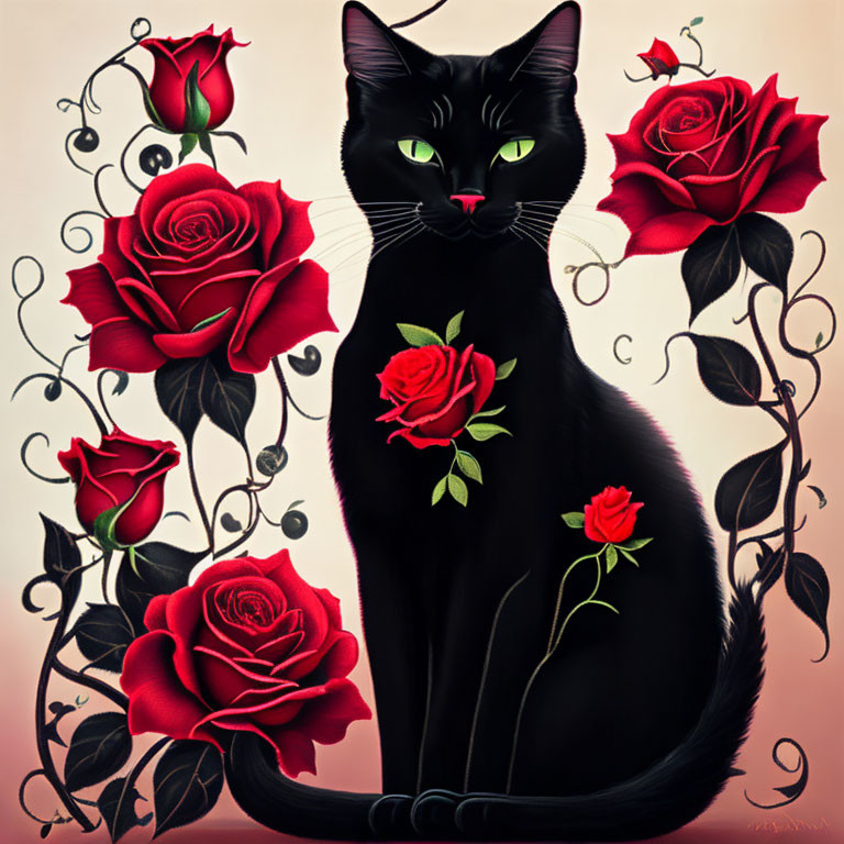 Black cat surrounded by red roses and vines in gothic artwork